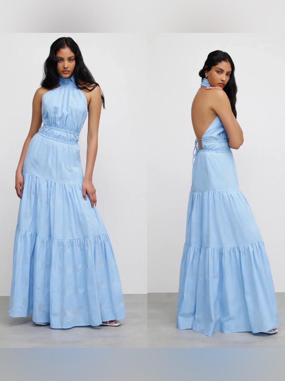 Significant Other Linen Cotton Light Blue Halter Tiered Maxi Dress Cottagecore 4